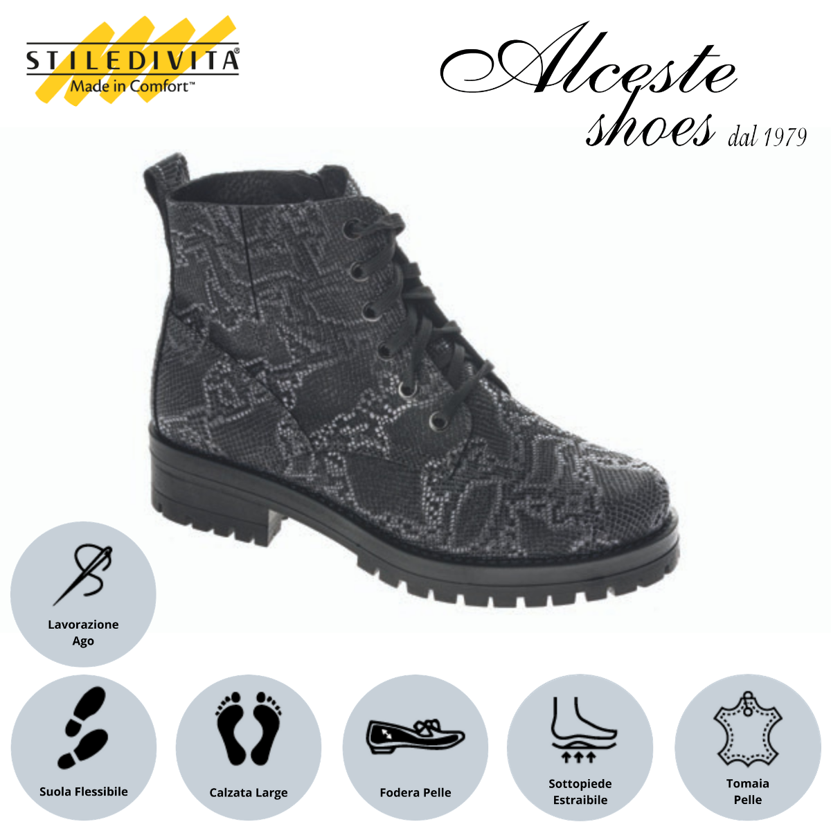 Anfibio con Lacci e Cerniera Stiledivita Art. 7434 in Pelle Stampata Antracite Alceste Shoes 23