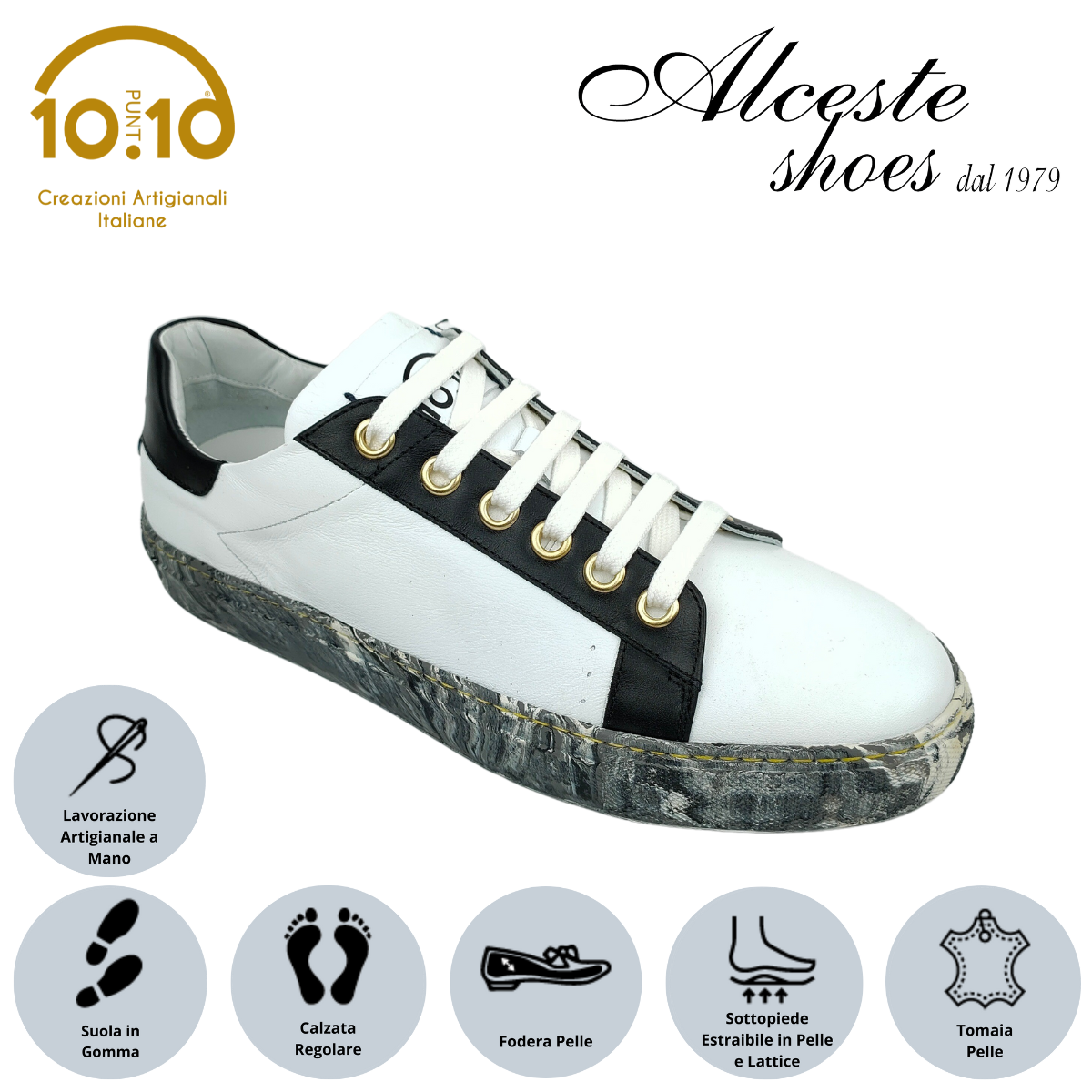 Sneakers "10punto10" PURE MARBLE #10 in Pelle Bianco e Nero Alceste Shoes 6 1