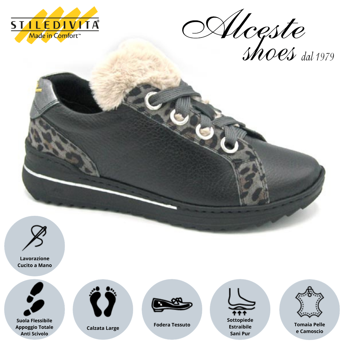 Sneakers Lacci Stiledivita Art. 7416 Pelle Nero e Camoscio Leopardo Grigio Alceste Shoes 7