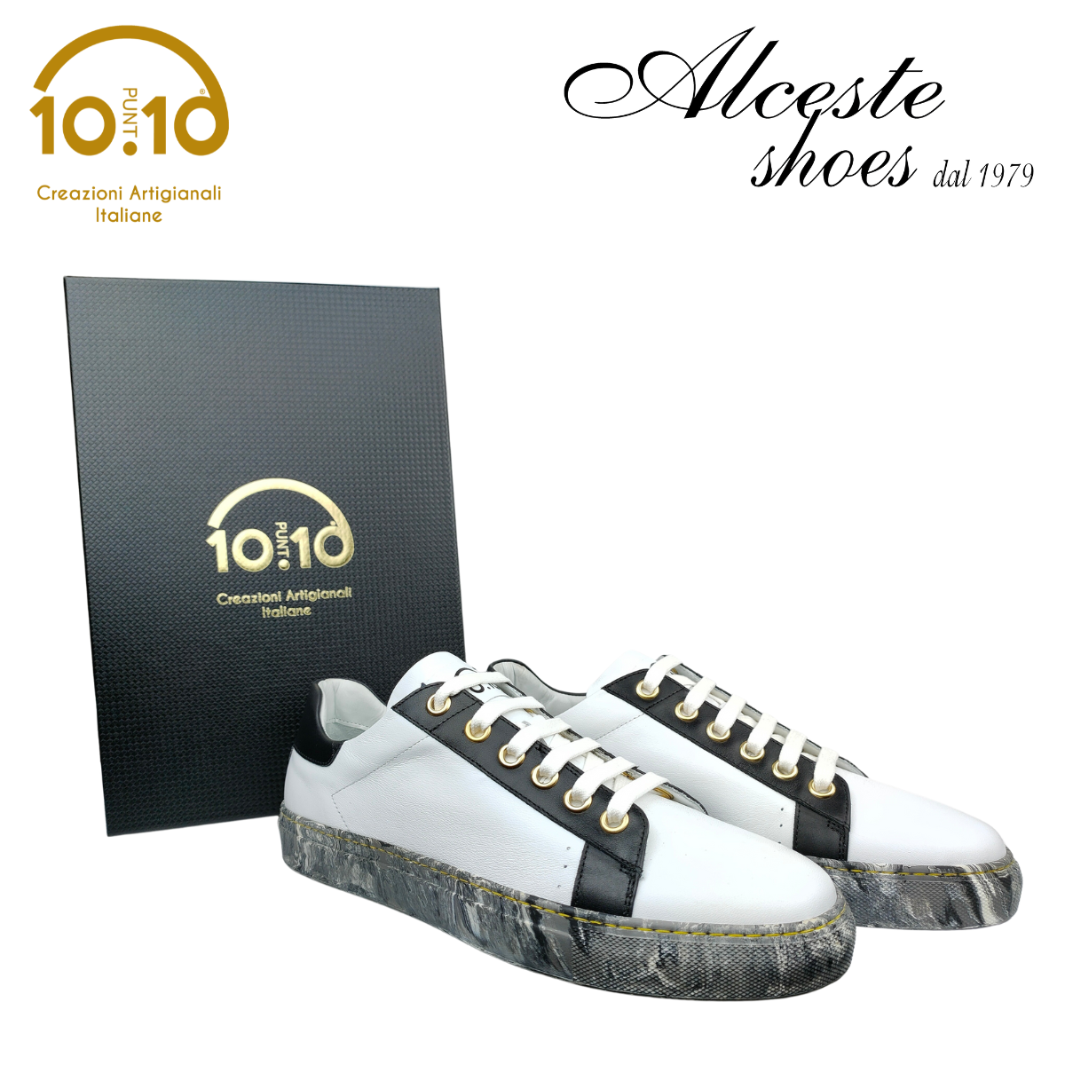 Sneakers "10punto10" PURE MARBLE #10 in Pelle Bianco e Nero Alceste Shoes 9 1