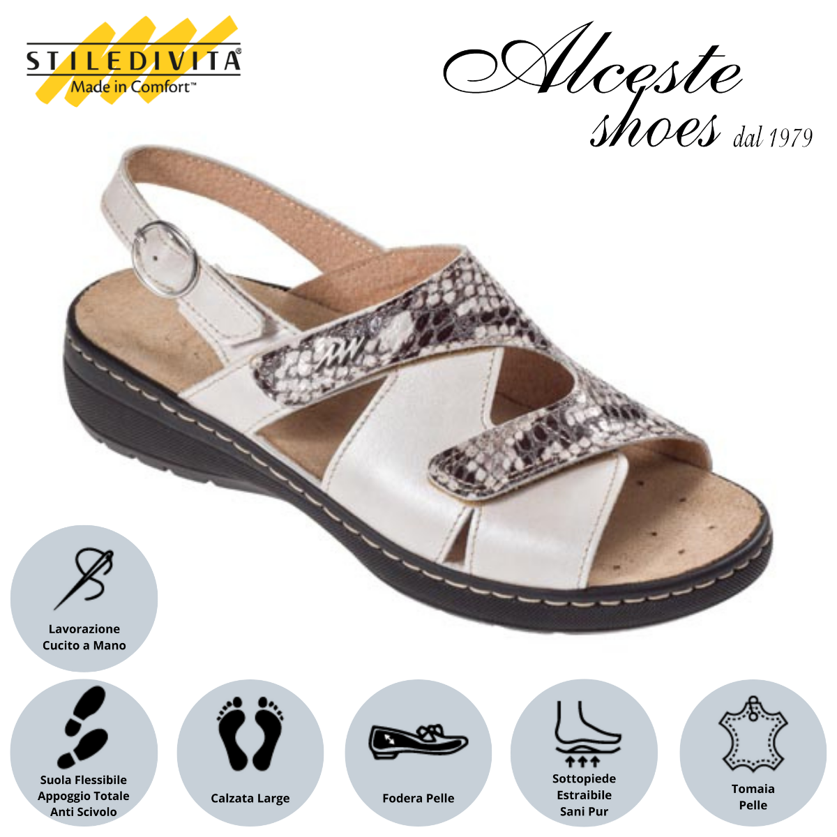 Sandalo con Strappi e Sottopiede Estraibile Stiledivita Art. 8195 Pelle Cipria e Stampa Pitone Roccia Alceste Shoes 11 3