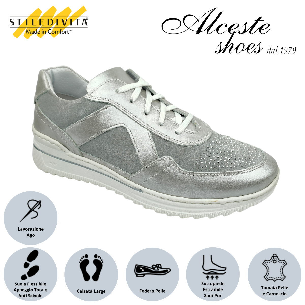 Sneakers Lacci Donna "Stiledivita" Art. 7377 Pelle Argento e Camoscio Perla Alceste Shoes 32 1
