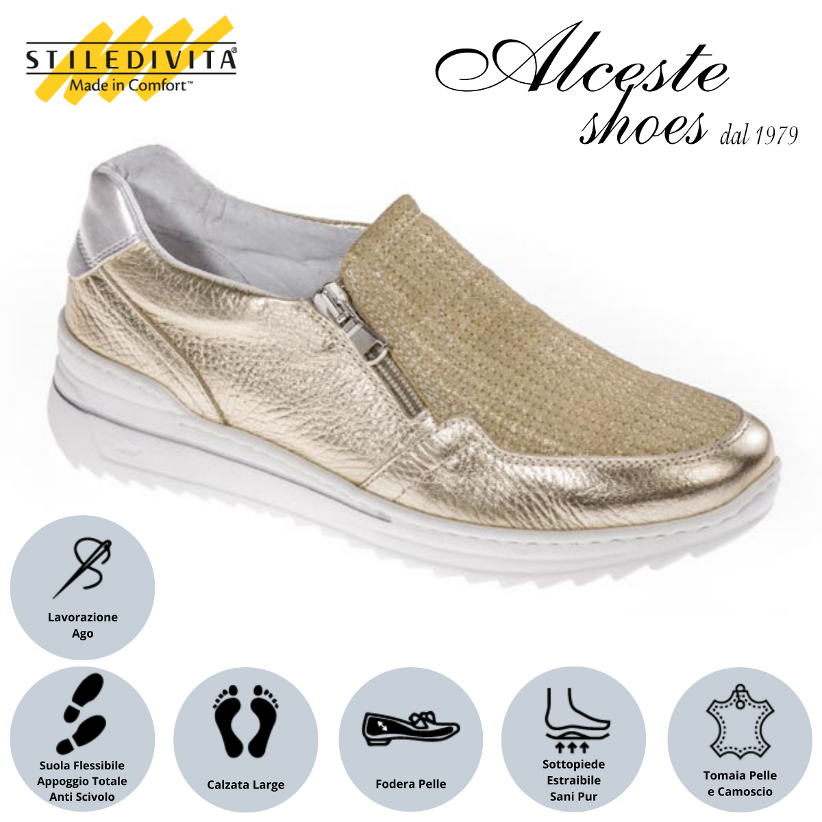 Sneakers con Cerniera Donna Stiledivita Art. 7420 Pelle Oro e Camoscio Beige Alceste Shoes 37 1