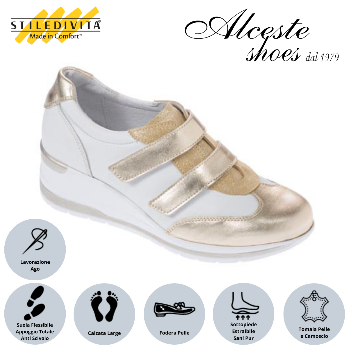 Sneakers Strappi "Stiledivita" Art. 9034 in Pelle Bianco/Oro e Camoscio Beige Alceste Shoes 38 1