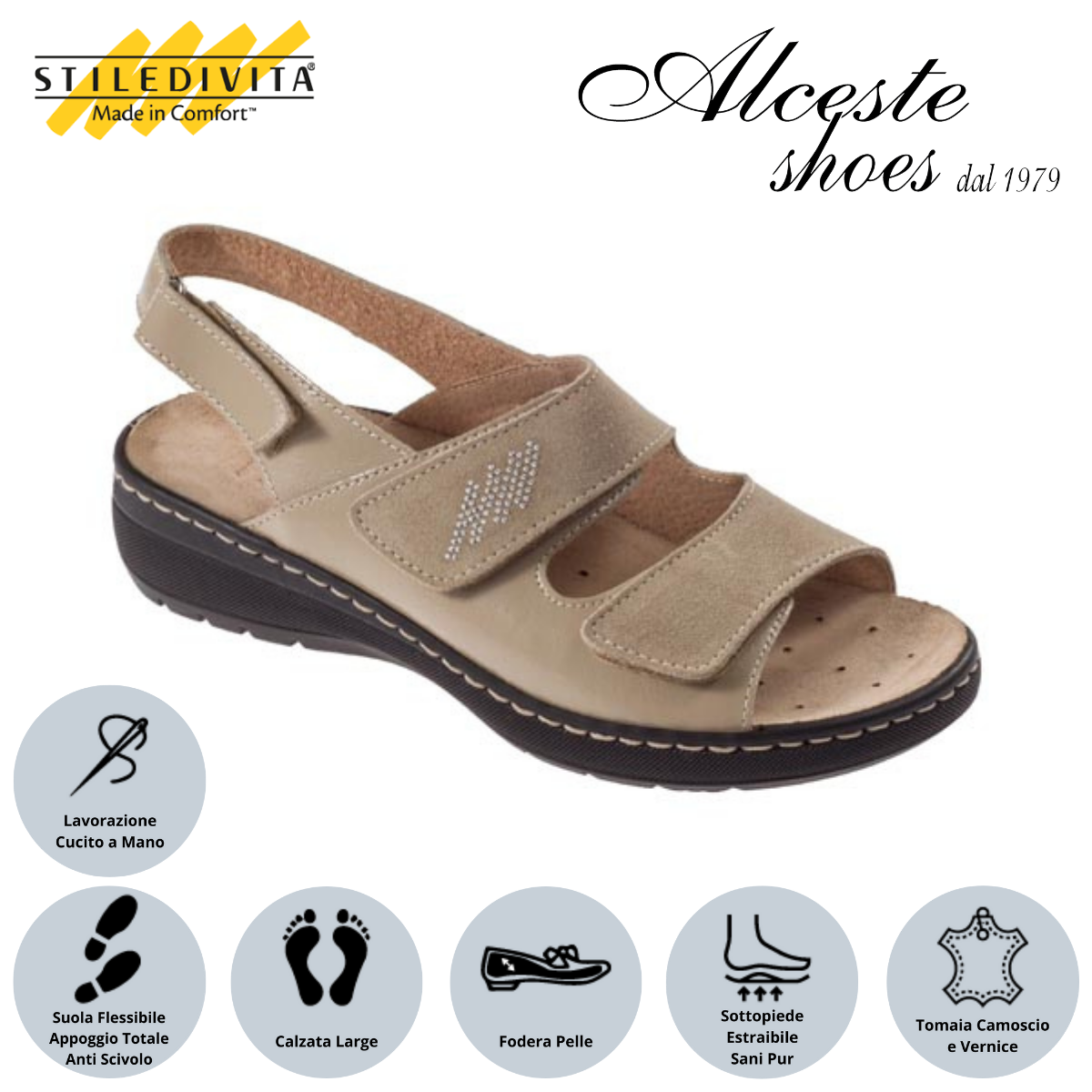 Sandalo con Strappi e Sottopiede Estraibile Stiledivita Art. 8228 Naplac e Camoscio Beige Alceste Shoes 6 5