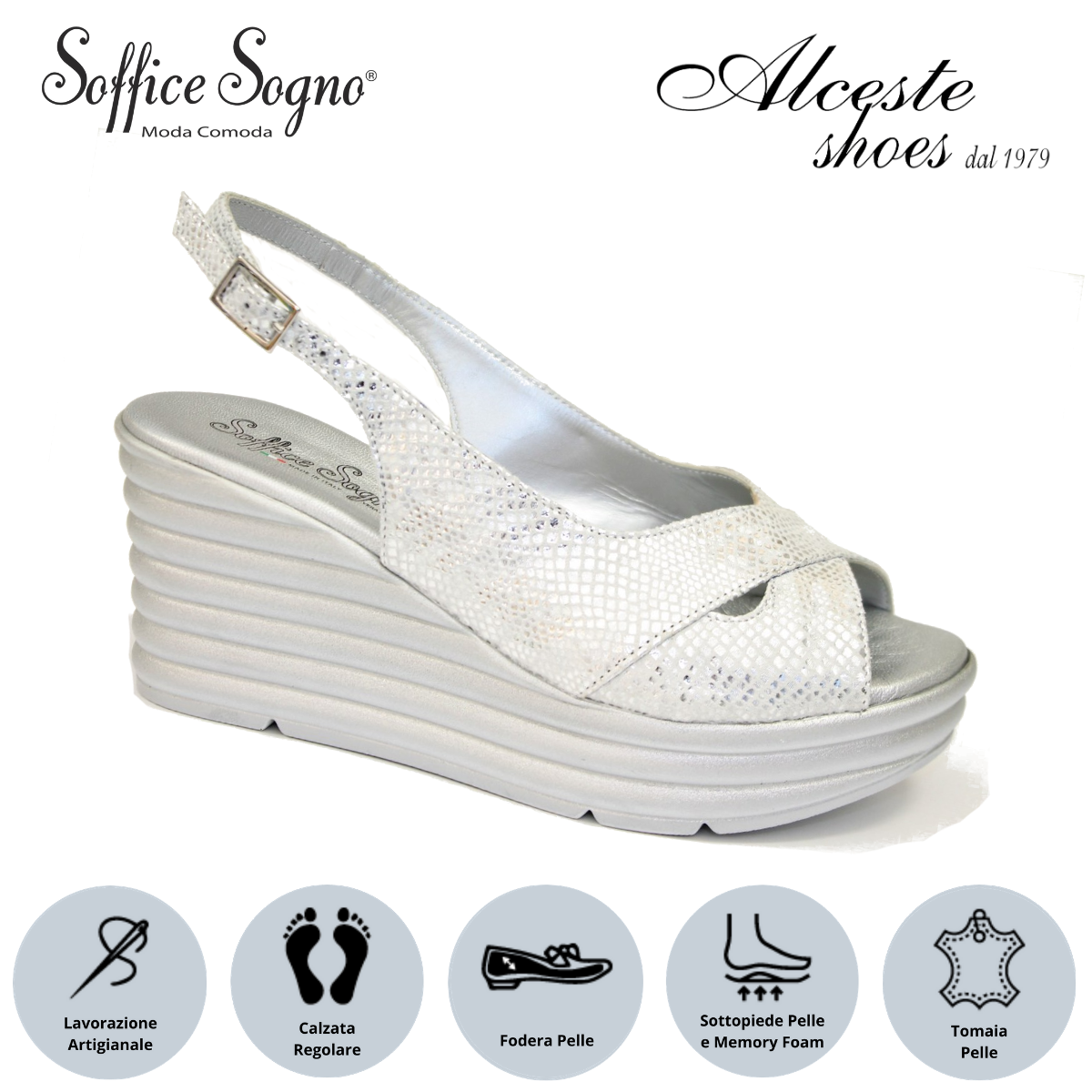 Sandalo con Zeppa "Soffice Sogno" Art. 1010 Pelle Stampata Argento Alceste Shoes 8 2