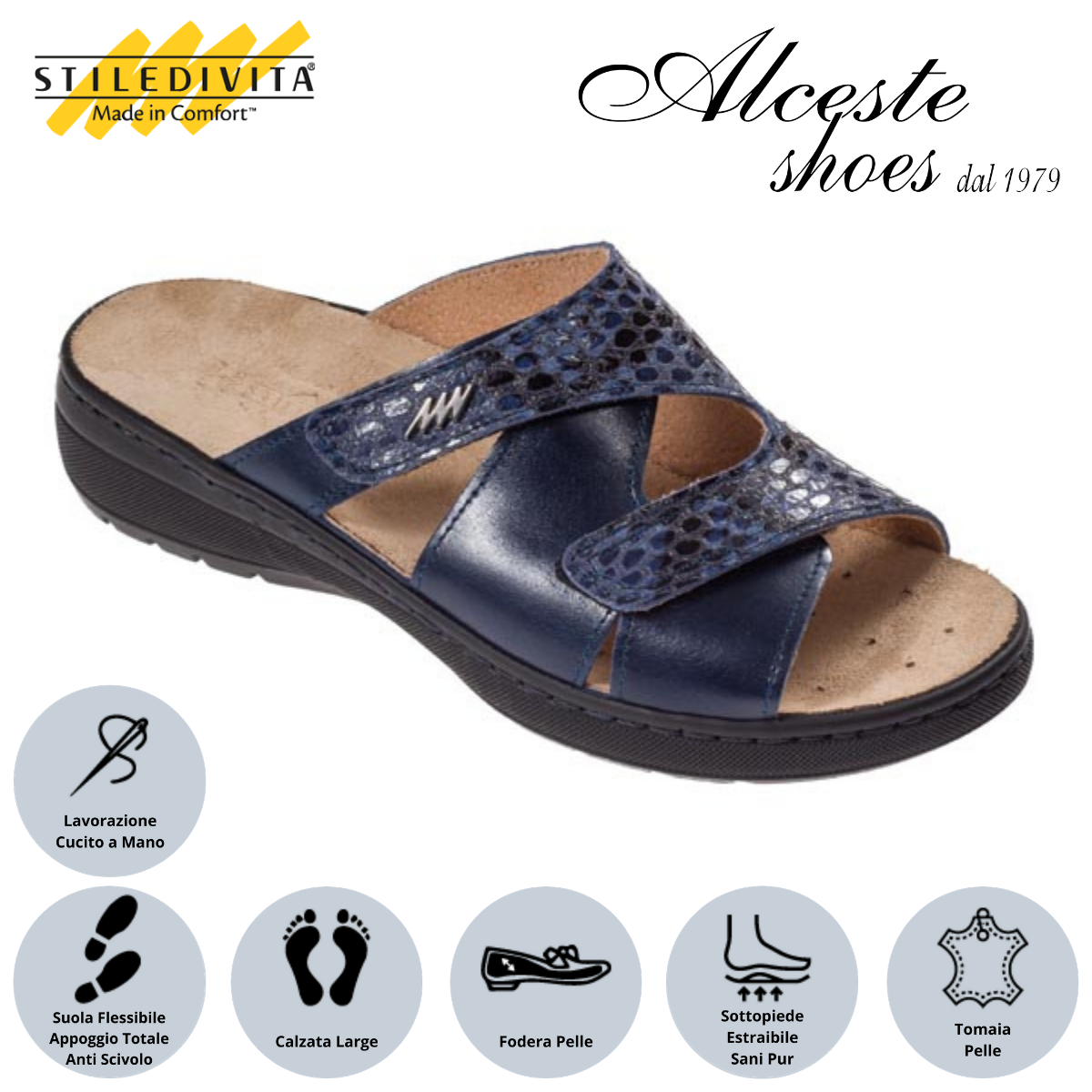 Ciabatta Donna con Strappi e Sottopiede Estraibile Stiledivita Art. 8194 Pelle e Pelle Stampata Blu Alceste Shoes 8