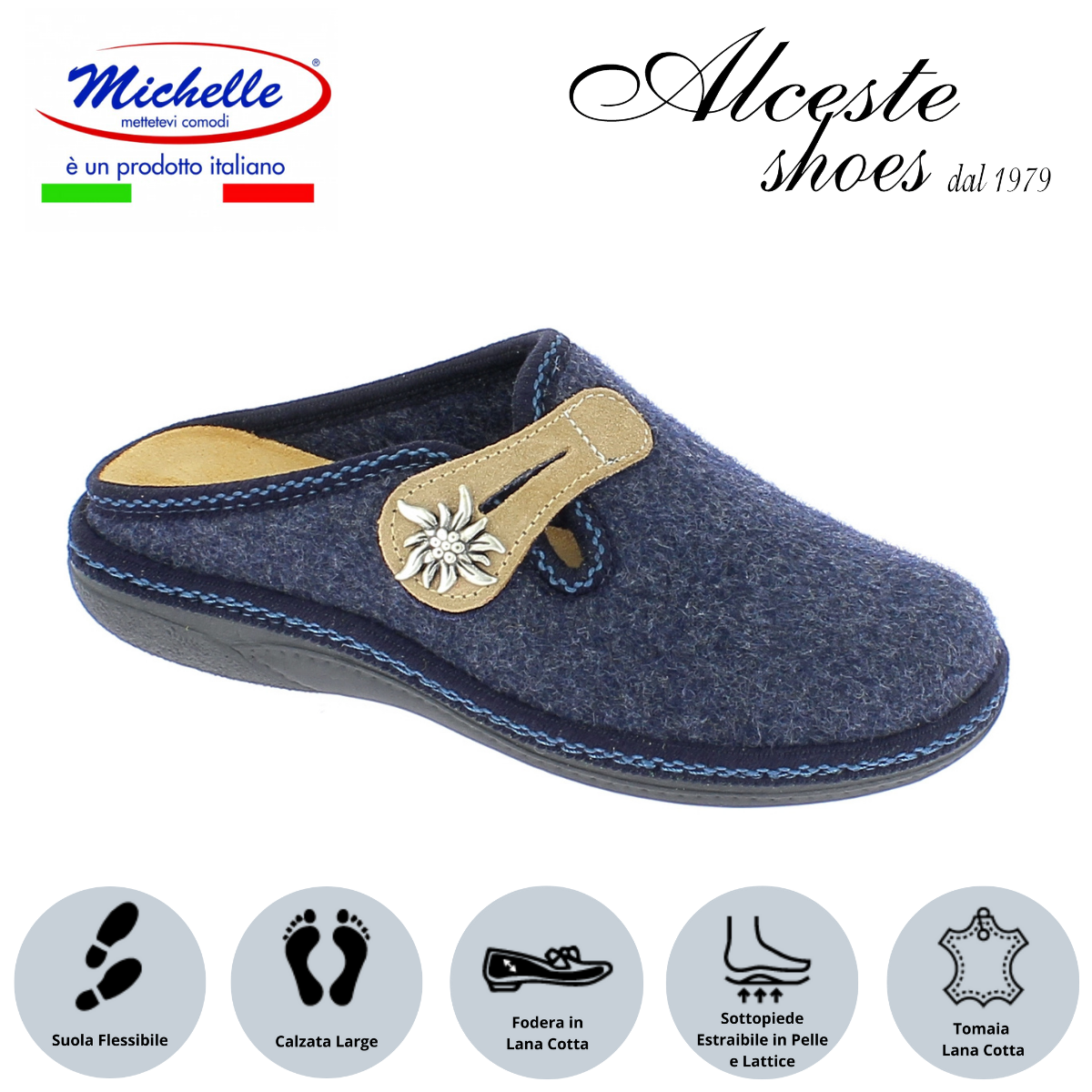 Ciabatta Donna Michelle Art. 5021 in Lana Cotta Blu con Strappo Regolabile Sottopiede Estraibile Alceste Shoes 1