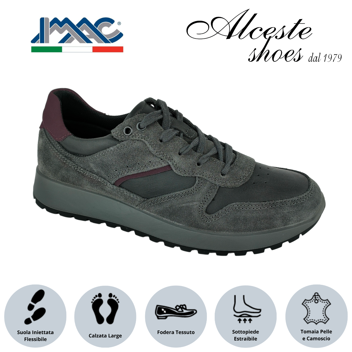 Sneakers Uomo con Lacci "Imac" Art. 253000 in Camoscio e Pelle Grigio e Bordeaux Alceste Shoes 13 1