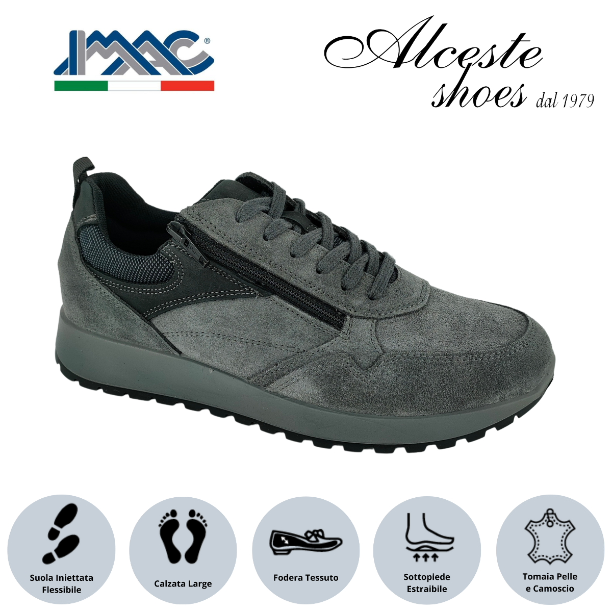 Sneakers Uomo con Lacci e Cerniera "Imac" Art. 253011 in Camoscio Grigio, Nabuk Nero e Tessuto Antracite Alceste Shoes 15