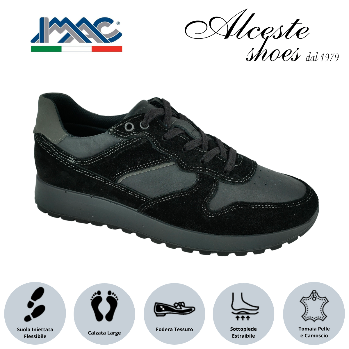 Sneakers Uomo con Lacci "Imac" Art. 253000 in Camoscio e Pelle Nero e Grigio Alceste Shoes 17