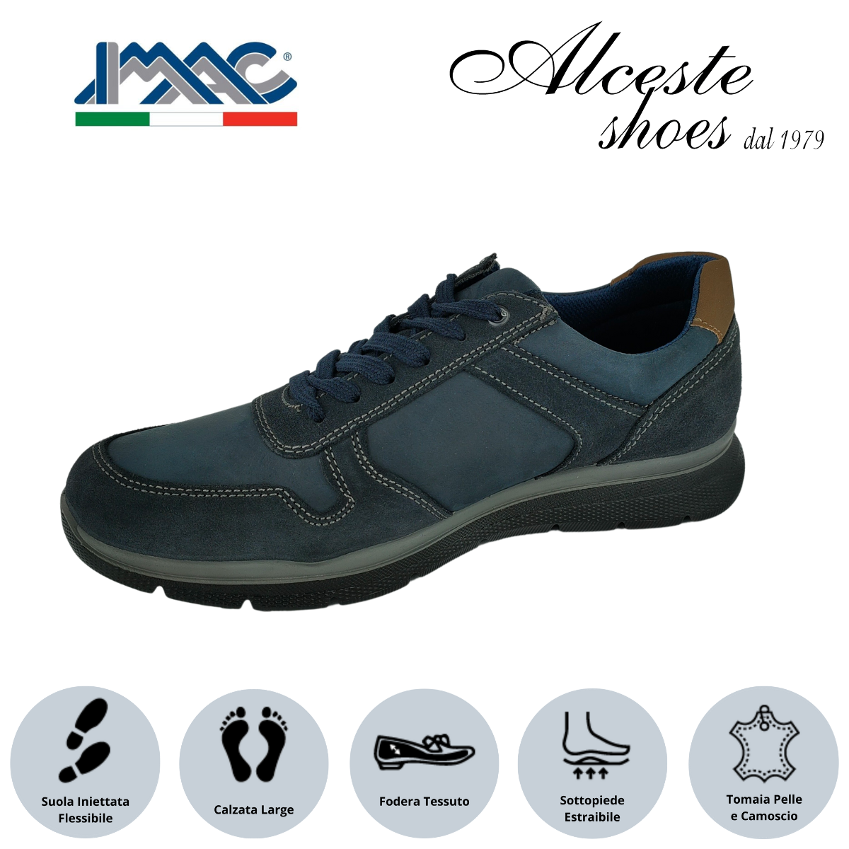 Sneakers Uomo con Lacci e Cerniera "Imac" Art. 253148 in Camoscio e Nabuk Blu e Pelle Cognac Alceste Shoes 20