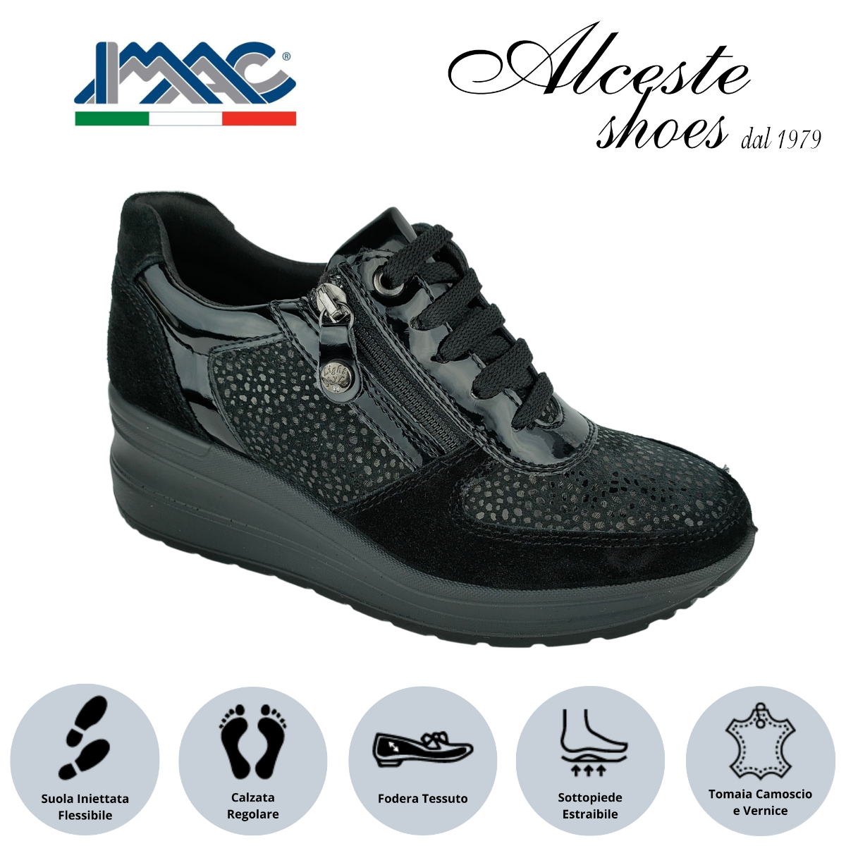 Sneakers Donna con Lacci e Cerniera "Imac" Art. 257960 in Camoscio e Vernice Nero Alceste Shoes 4 4