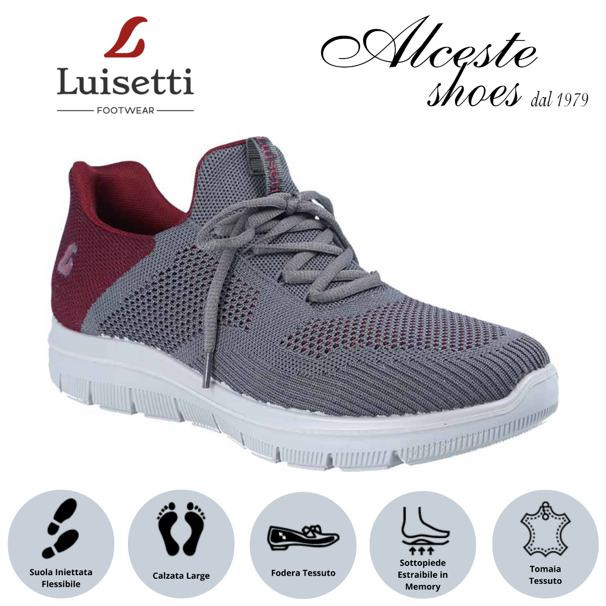 Sneakers Lacci Uomo Luisetti Art. 31120 in Tessuto Grigio/Bordeaux Alceste Shoes 5 2