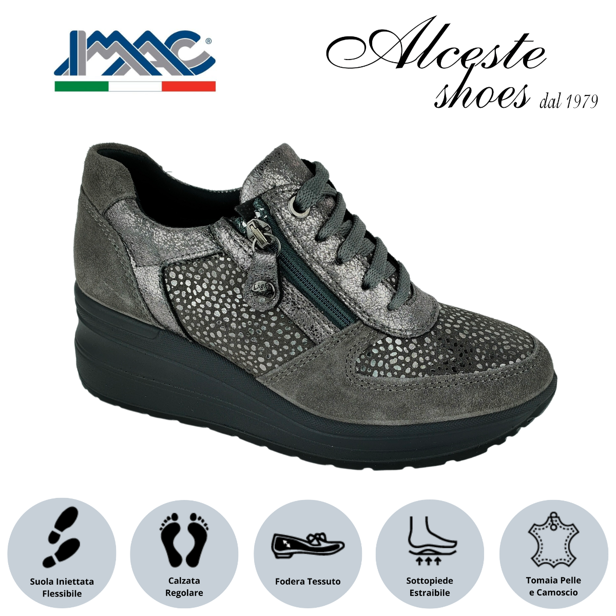 Sneakers Donna con Lacci e Cerniera "Imac" Art. 257960 in Camoscio e Pelle Grigio Alceste Shoes 7 2