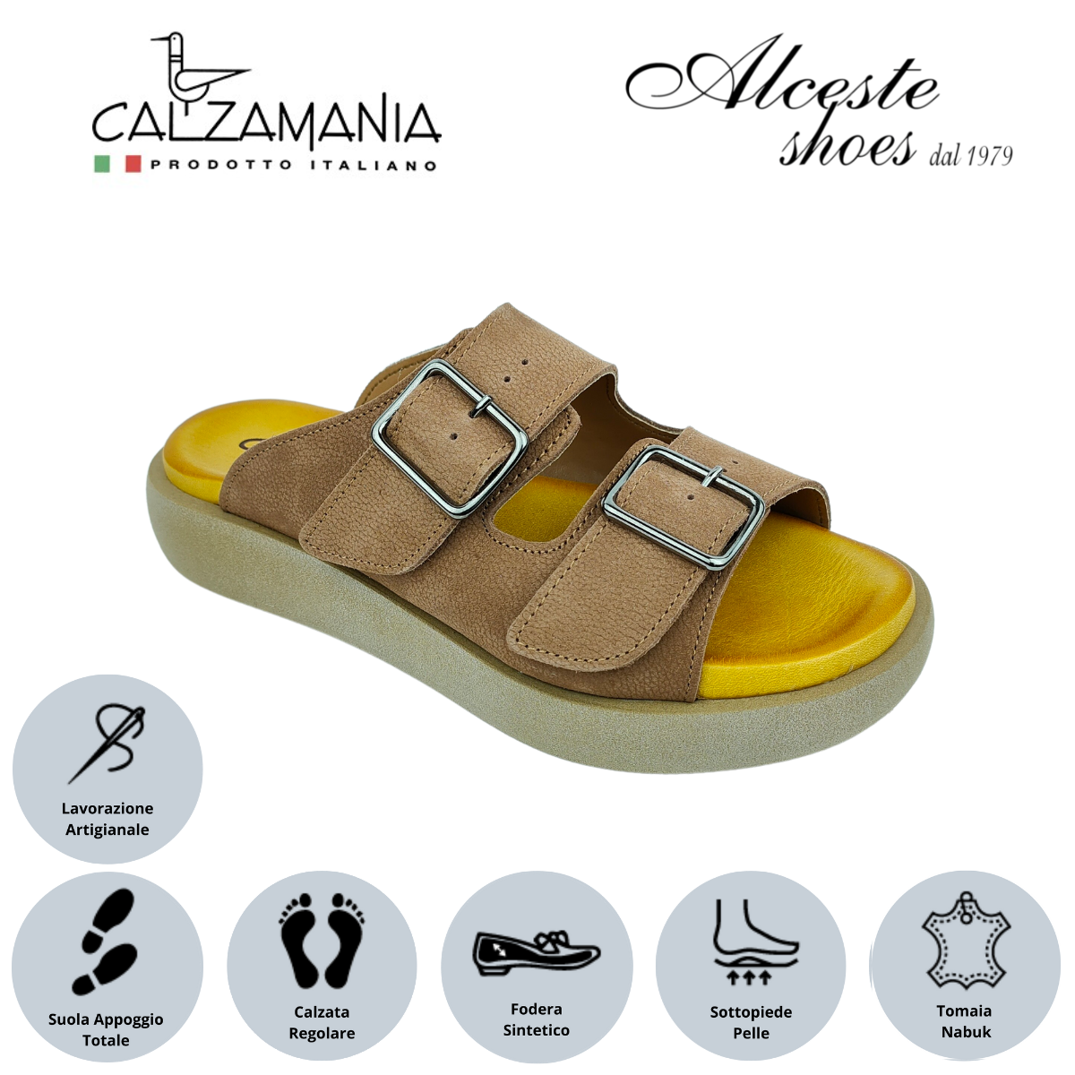Ciabatta con Zeppa e 2 Fibbie "Calzamania" Art. 12575 Nabuk Cognac Alceste Shoes 10