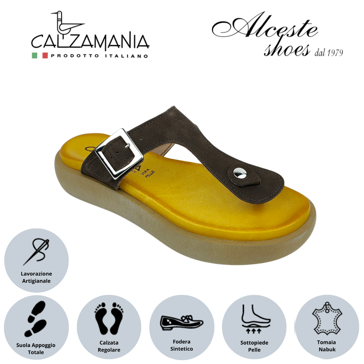 Infradito con Zeppa e Fibbia "Calzamania" Art. 12509 Nabuk Testa di Moro Alceste Shoes 12