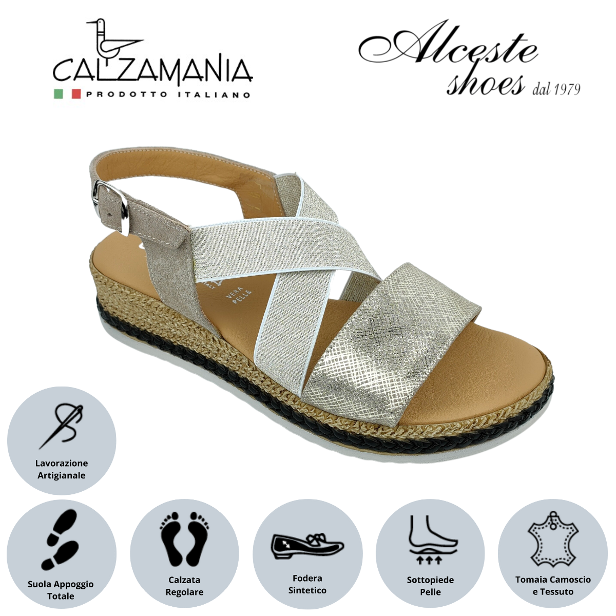 Sandalo con Zeppa "Calzamania" Art. Luna8729 Elastico Platino e Camoscio Stampato Platino Alceste Shoes 3