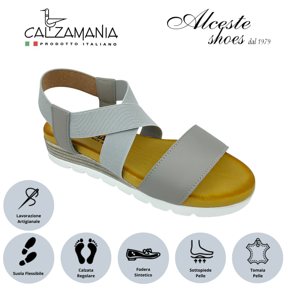 Sandalo con Zeppa "Calzamania" Art. 13583 Elastico e Pelle Ghiaia Alceste Shoes 4