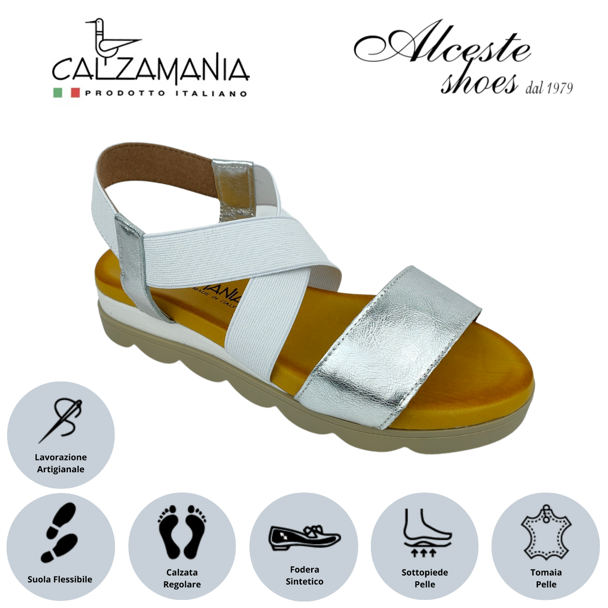 Sandalo con Zeppa "Calzamania" Art. 13583 Elastico Bianco Pelle Argento Alceste Shoes 5