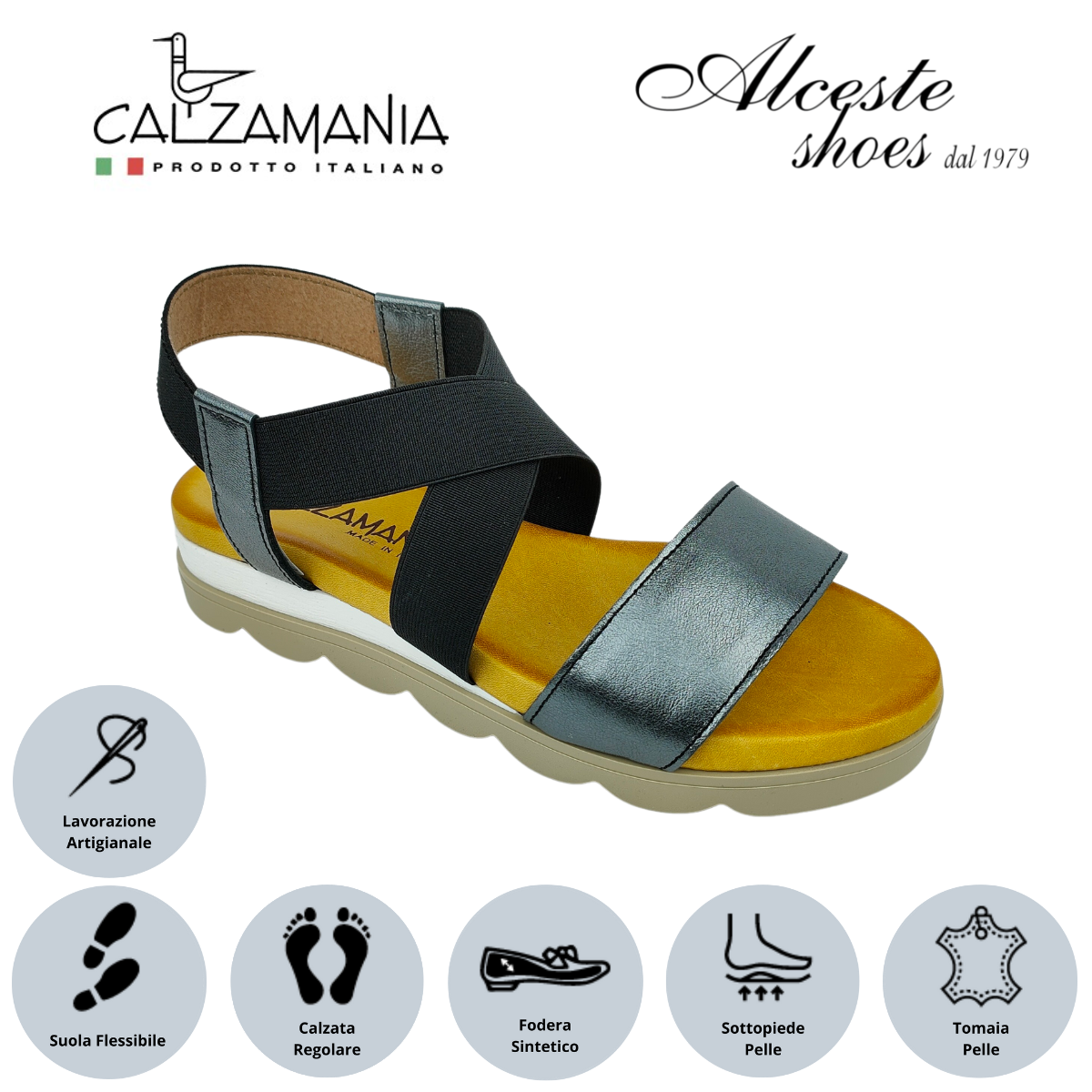 Sandalo con Zeppa "Calzamania" Art. 11583 Elastico Nero e Pelle Antracite Alceste Shoes 6