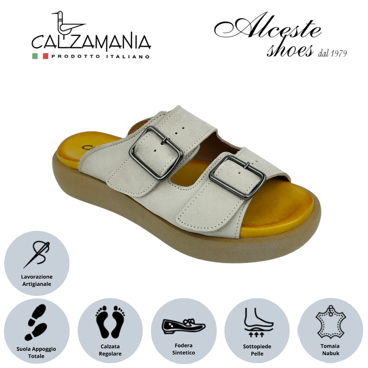 Ciabatta con Zeppa e 2 Fibbie "Calzamania" Art. 12575 Nabuk Beige Alceste Shoes 9
