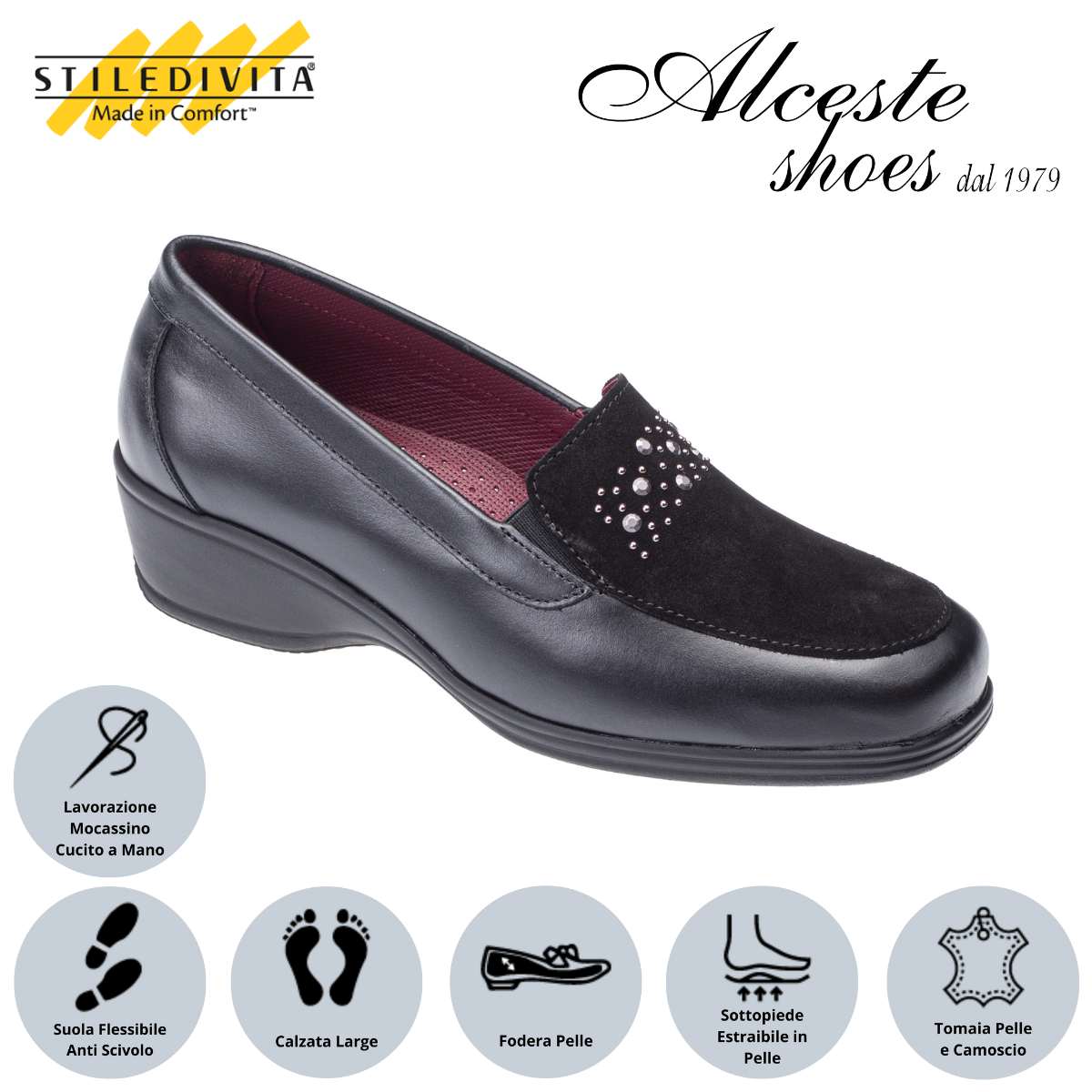 Mocassino Donna Stiledivita Art. 9045 Pelle e Camoscio Nero Alceste Shoes 10