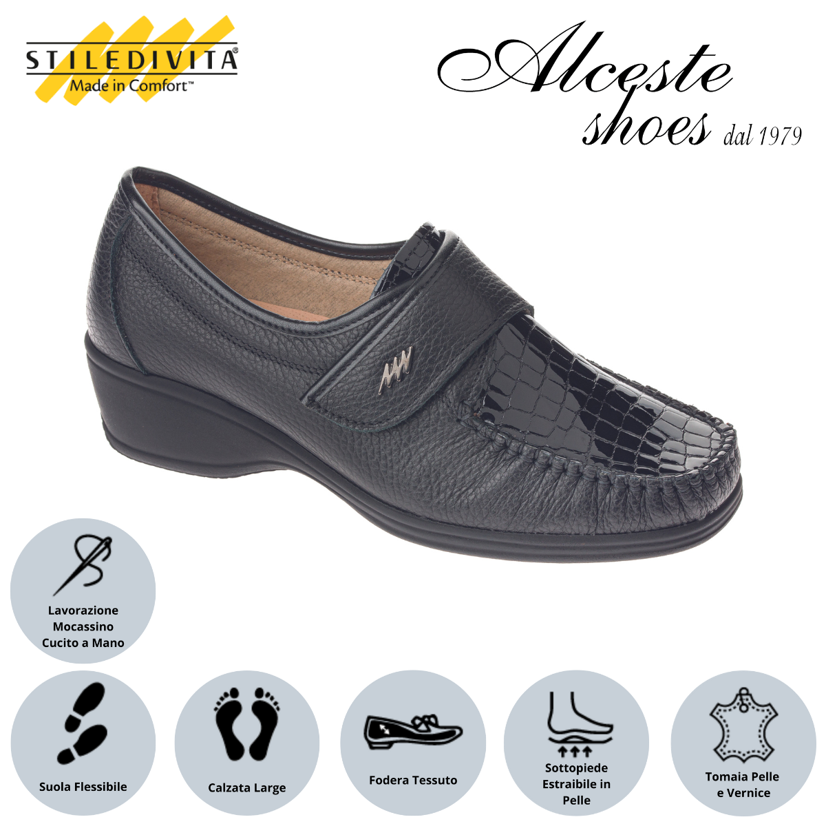 Mocassino con Velcro "Stiledivita" Art. 2374 Pelle e Vernice Stampata Nero Alceste Shoes 2