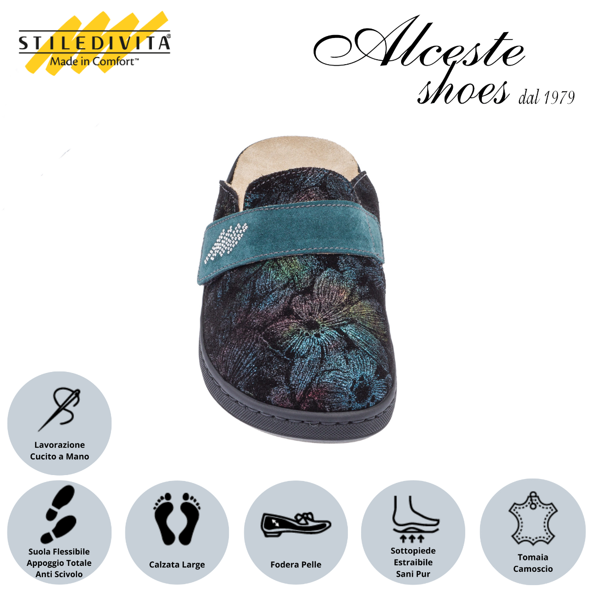 Ciabatta con Sottopiede Estraibile Stiledivita Art. 8418 in Camoscio Verde e Camoscio Stampato "Pavone" Alceste Shoes 20