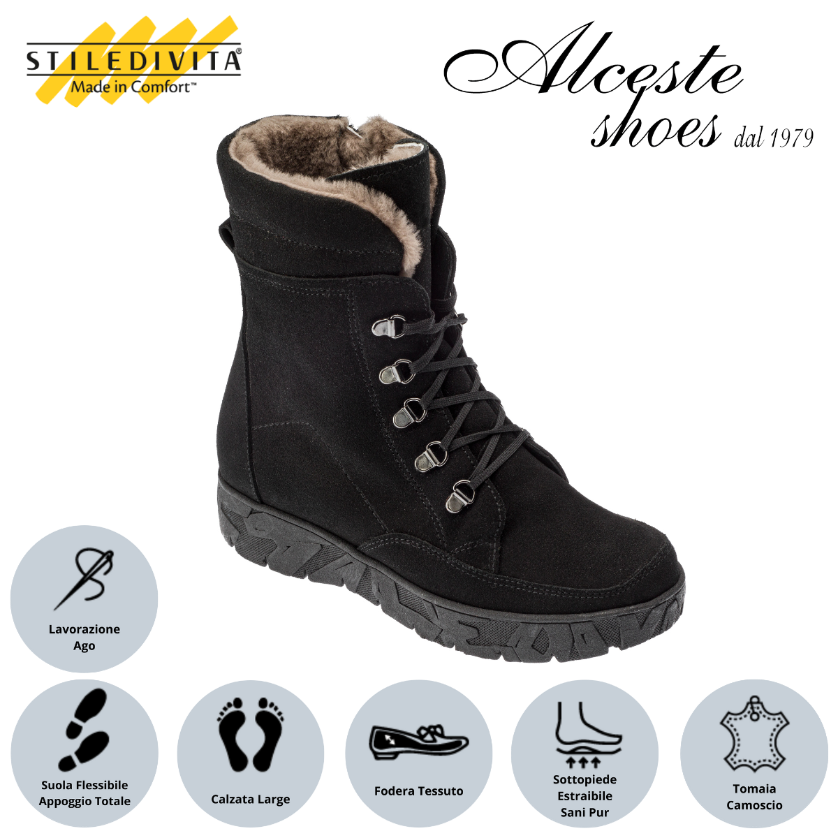Anfibio con Lacci e Cerniera Stiledivita Art. 7556 in Camoscio Nero Idrorepellente Alceste Shoes 31