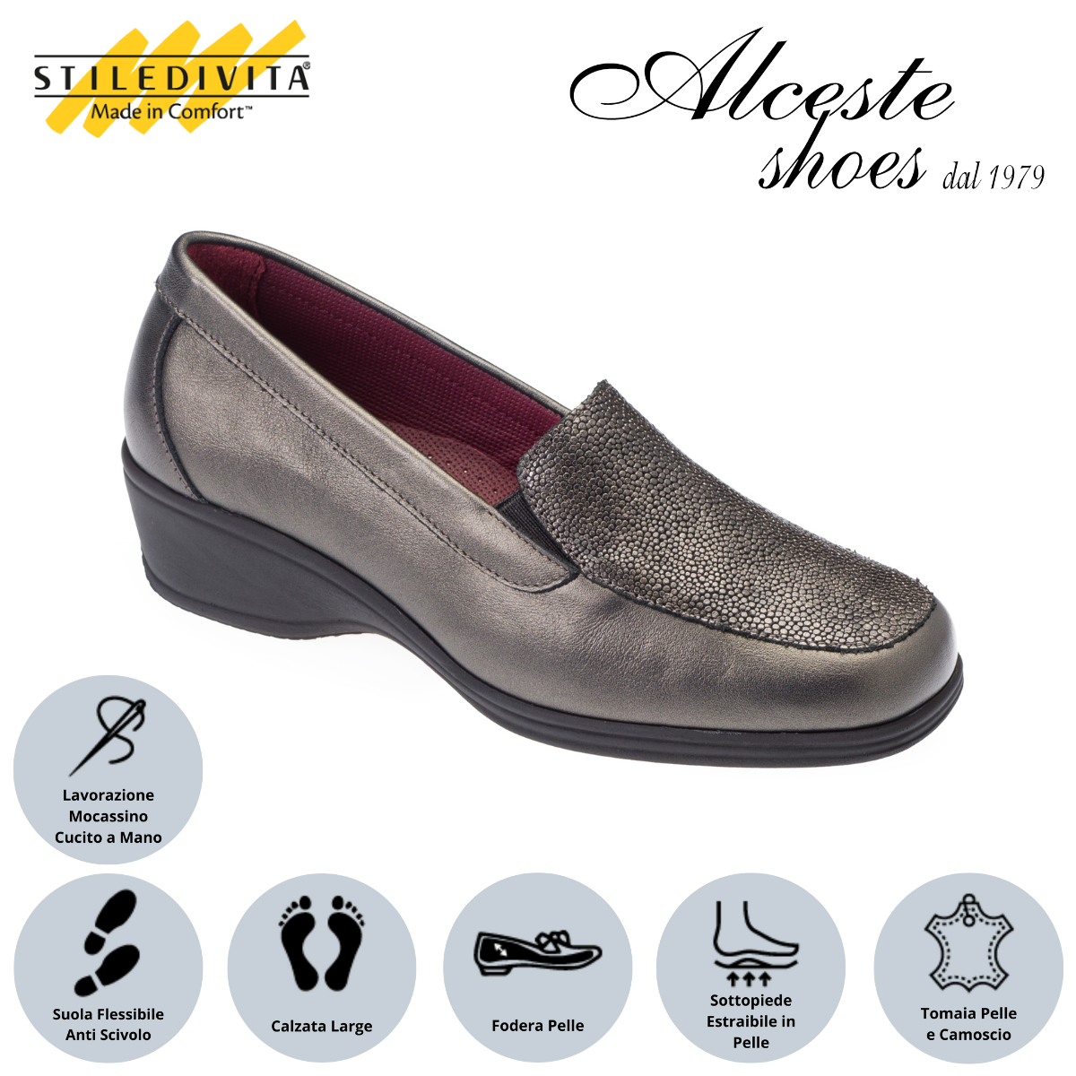 Mocassino Donna Stiledivita Art. 2983 Pelle e Pelle Stampata Antracite Alceste Shoes 7