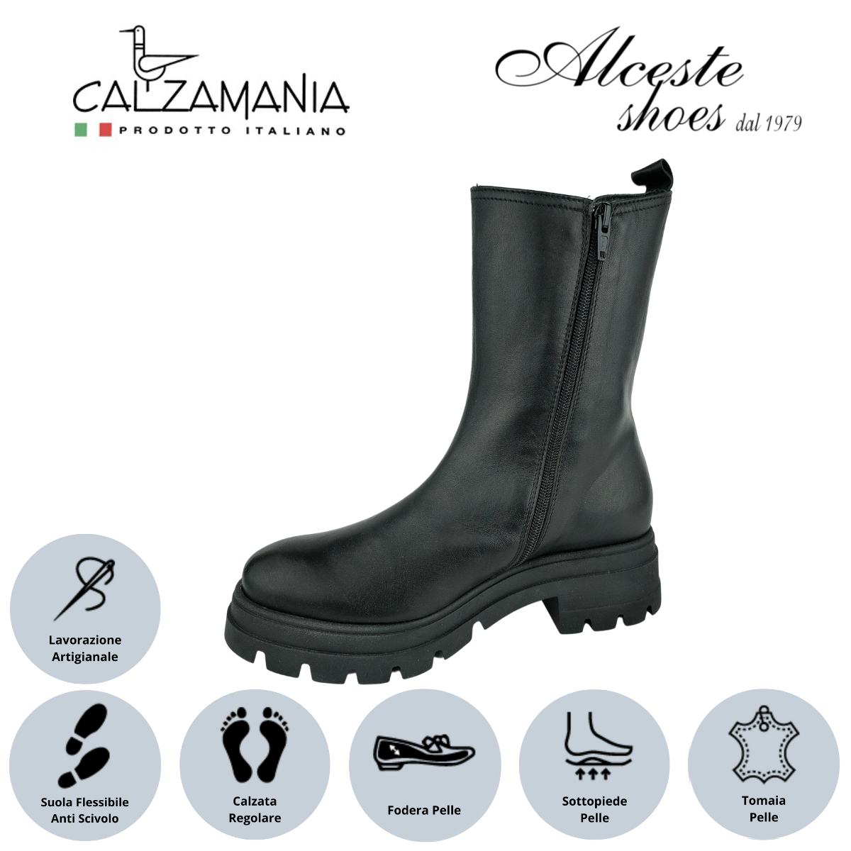Anfibio Donna con Elastico e Cerniera "Calzamania" Art. 10329 in Pelle Nero Alceste Shoes 10