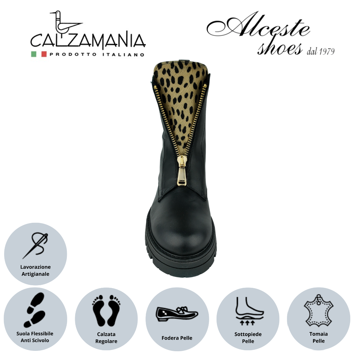 Anfibio Donna con Cerniera "Calzamania" Art. 9052 in Pelle Nero e Cavallino Maculato Alceste Shoes 12