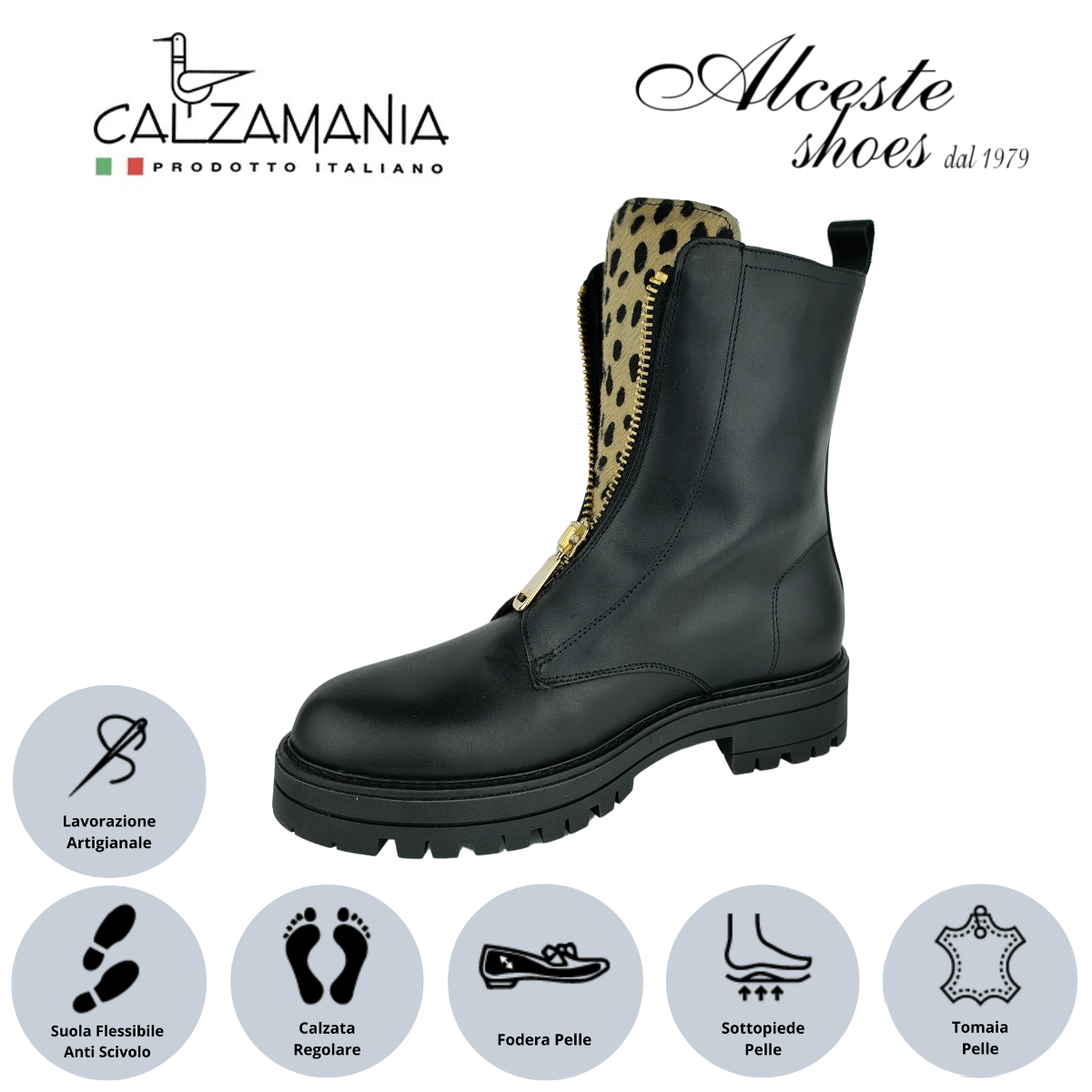Anfibio Donna con Cerniera "Calzamania" Art. 9052 in Pelle Nero e Cavallino Maculato Alceste Shoes 13