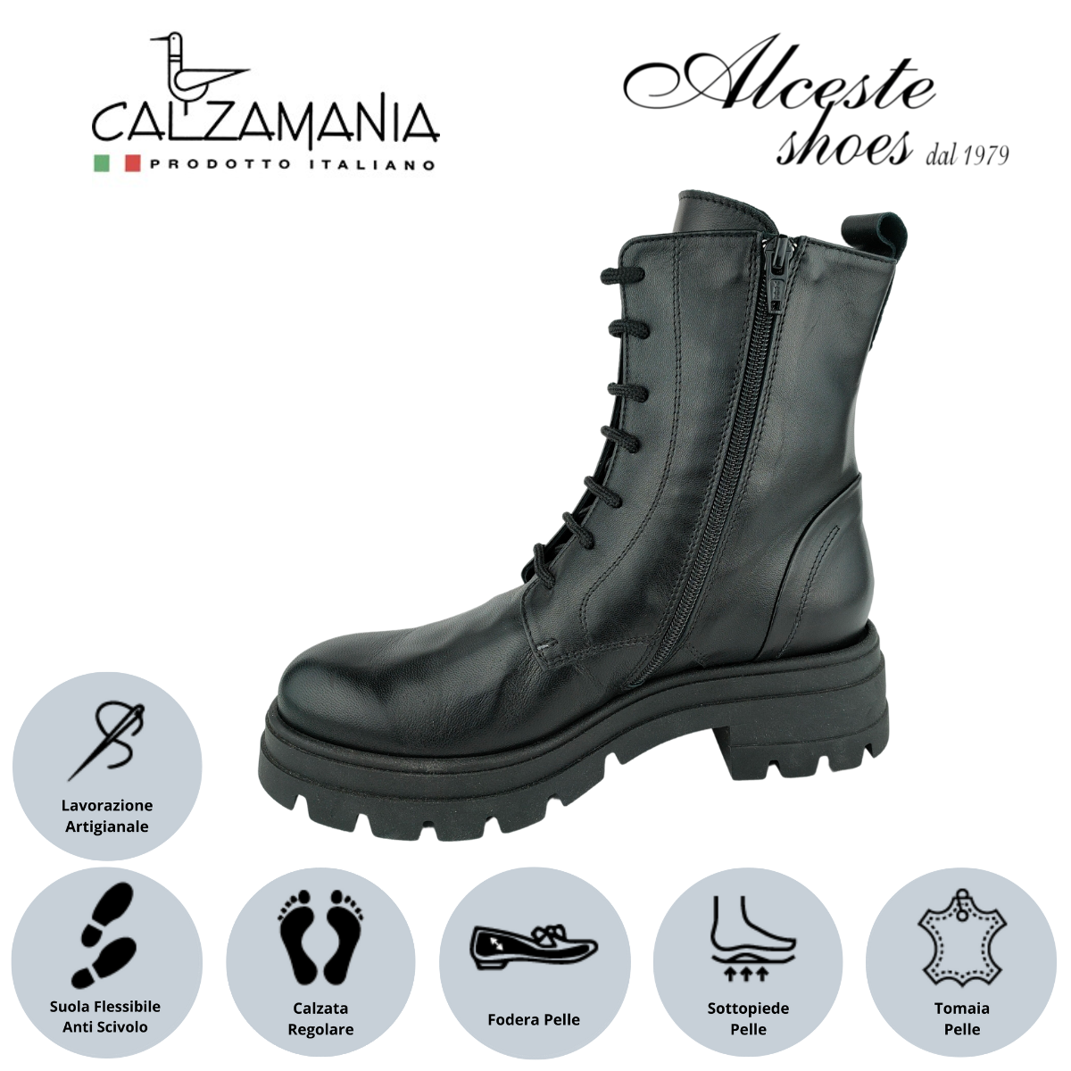 Anfibio Donna con Lacci e Cerniera "Calzamania" Art. 10325 in Pelle Nero Alceste Shoes 6