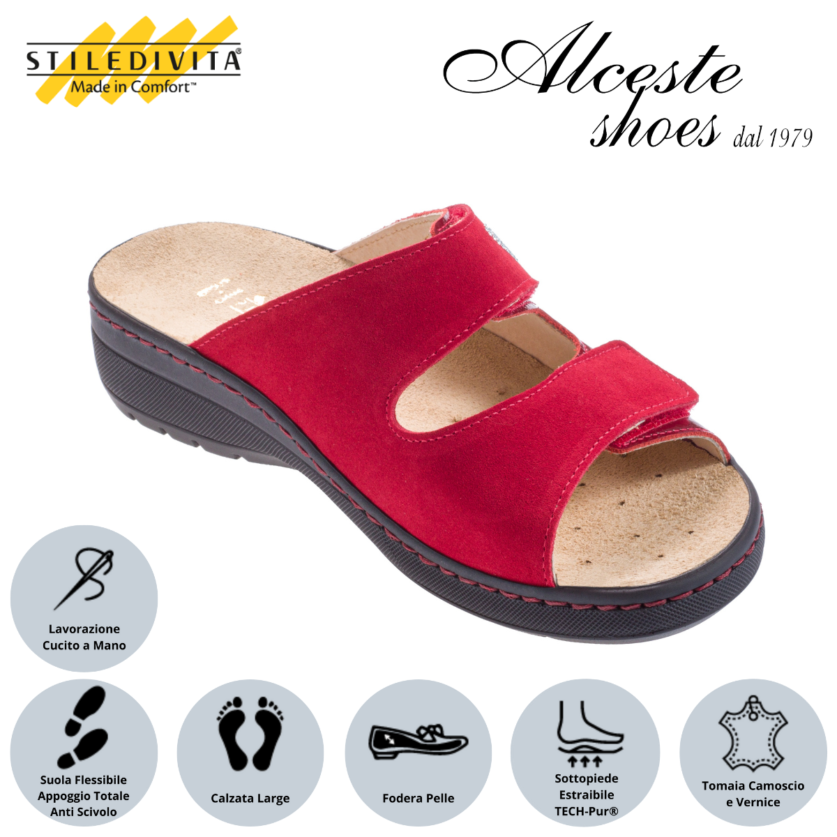 Ciabatta con 2 Strappi e Sottopiede Estraibile "Stiledivita" Art. 8226 Naplac e Camoscio Rosso Alceste Shoes 24