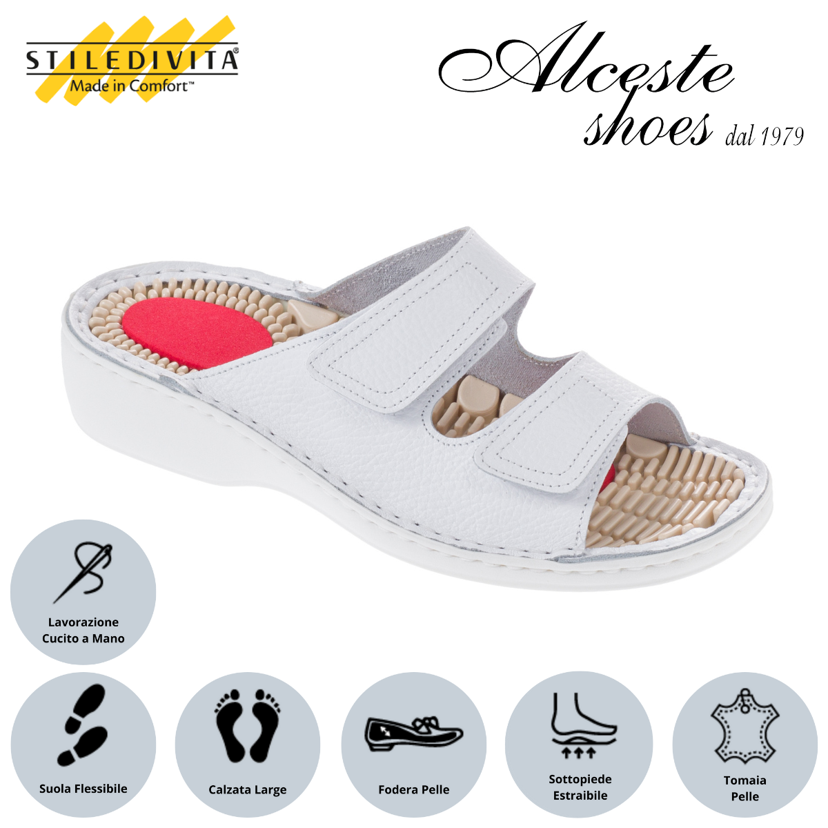 Ciabatta con 2 Strappi e Sottopiede Estraibile "Stiledivita" Art. 5187 Pelle Bianco Alceste Shoes 25