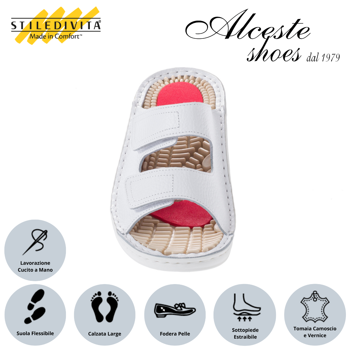 Ciabatta con 2 Strappi e Sottopiede Estraibile "Stiledivita" Art. 5187 Pelle Bianco Alceste Shoes 26
