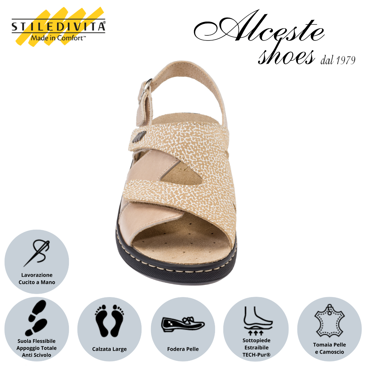 Sandalo con Strappi e Sottopiede Estraibile "Stiledivita" Art. 8195 Pelle Pietra e Camoscio Beige Alceste Shoes 35