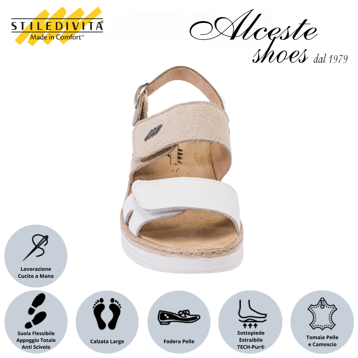 Sandalo con Strappi e Sottopiede Estraibile "Stiledivita" Art. 8242 Pelle Bianco e Camoscio Stampato Beige Alceste Shoes 44