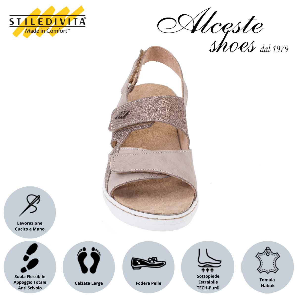 Sandalo con Strappi e Sottopiede Estraibile "Stiledivita" Art. 8526 Pelle Stampata Taupe e Nabuk Avana Alceste Shoes 53