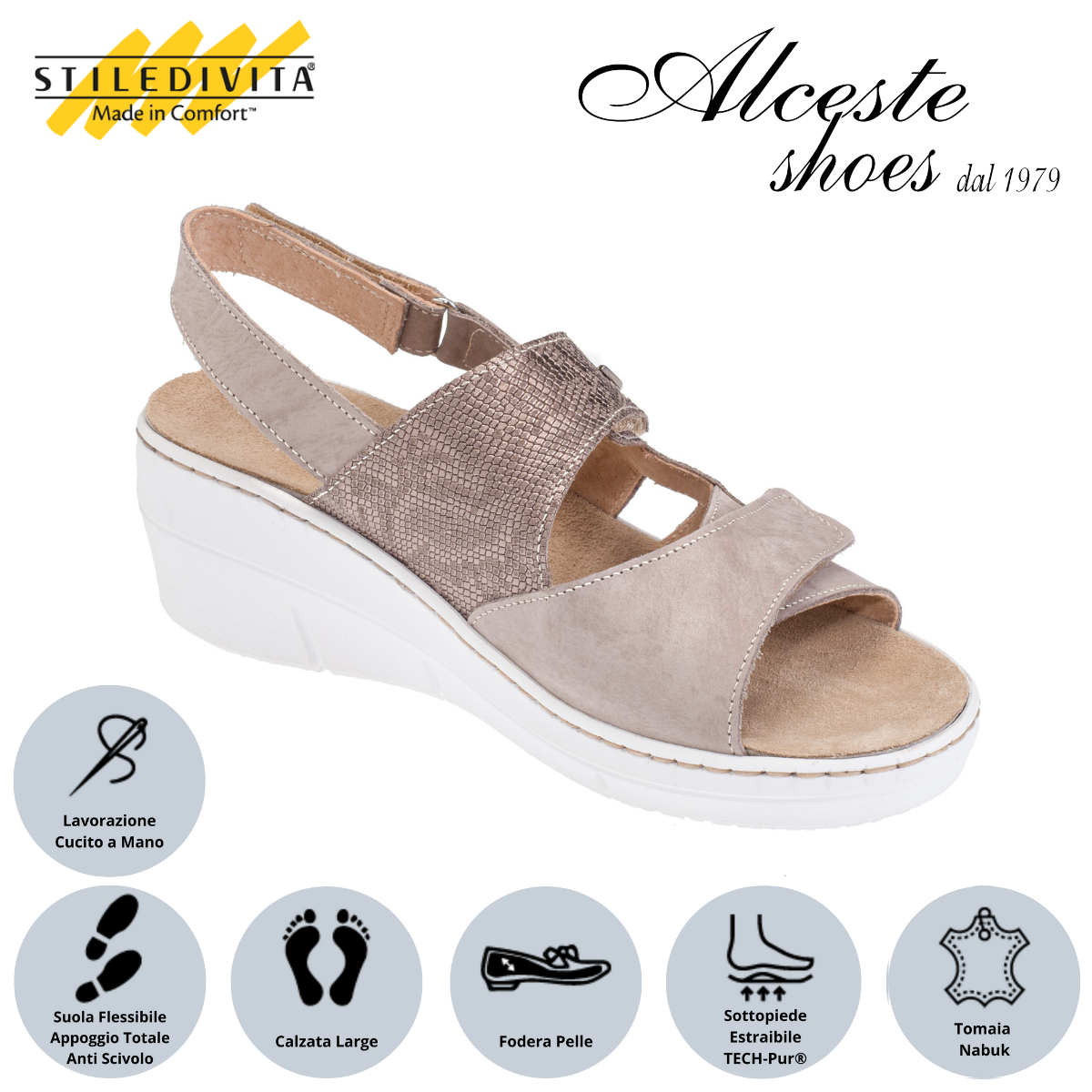 Sandalo con Strappi e Sottopiede Estraibile "Stiledivita" Art. 8526 Pelle Stampata Taupe e Nabuk Avana Alceste Shoes 54