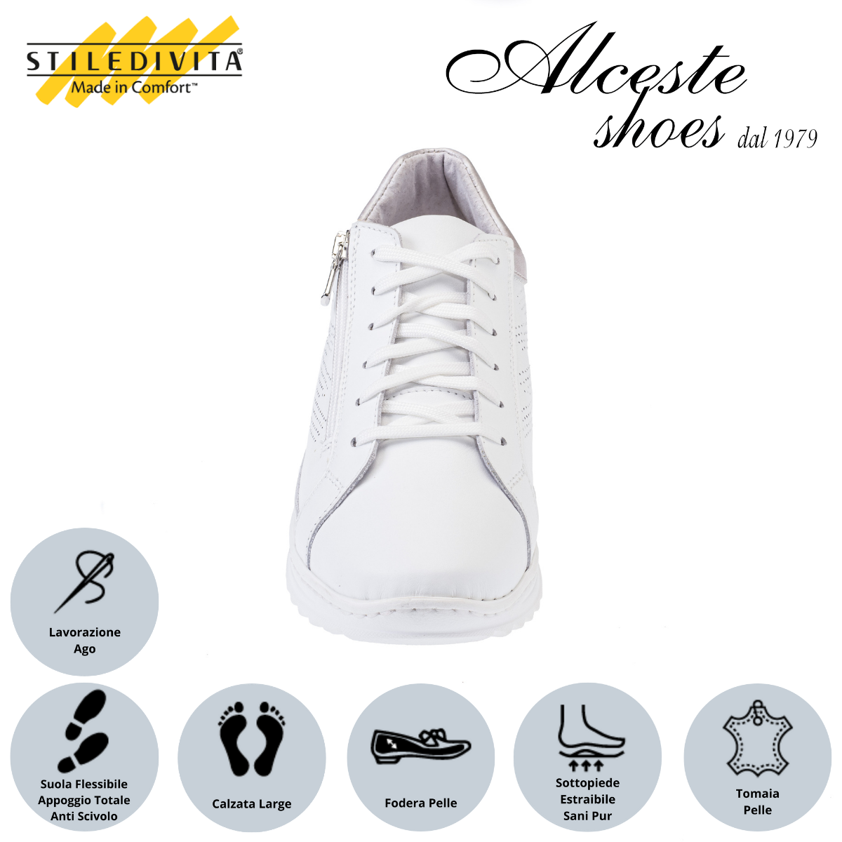 Sneakers Lacci e Cerniera Traforate "Stiledivita" Art. 7520 Pelle Bianco e Argento Alceste Shoes 57