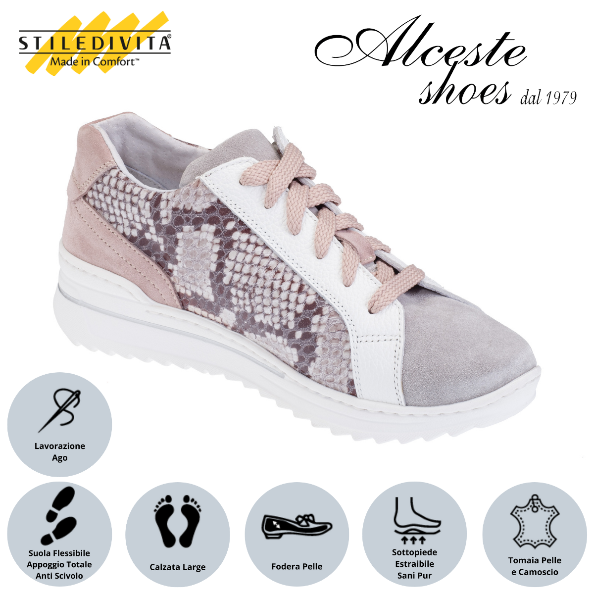 Sneakers Lacci e Cerniera Traforate "Stiledivita" Art. 7367 Pelle Bianco Camoscio Perla e Camoscio Stampato Pitone Alceste Shoes 61