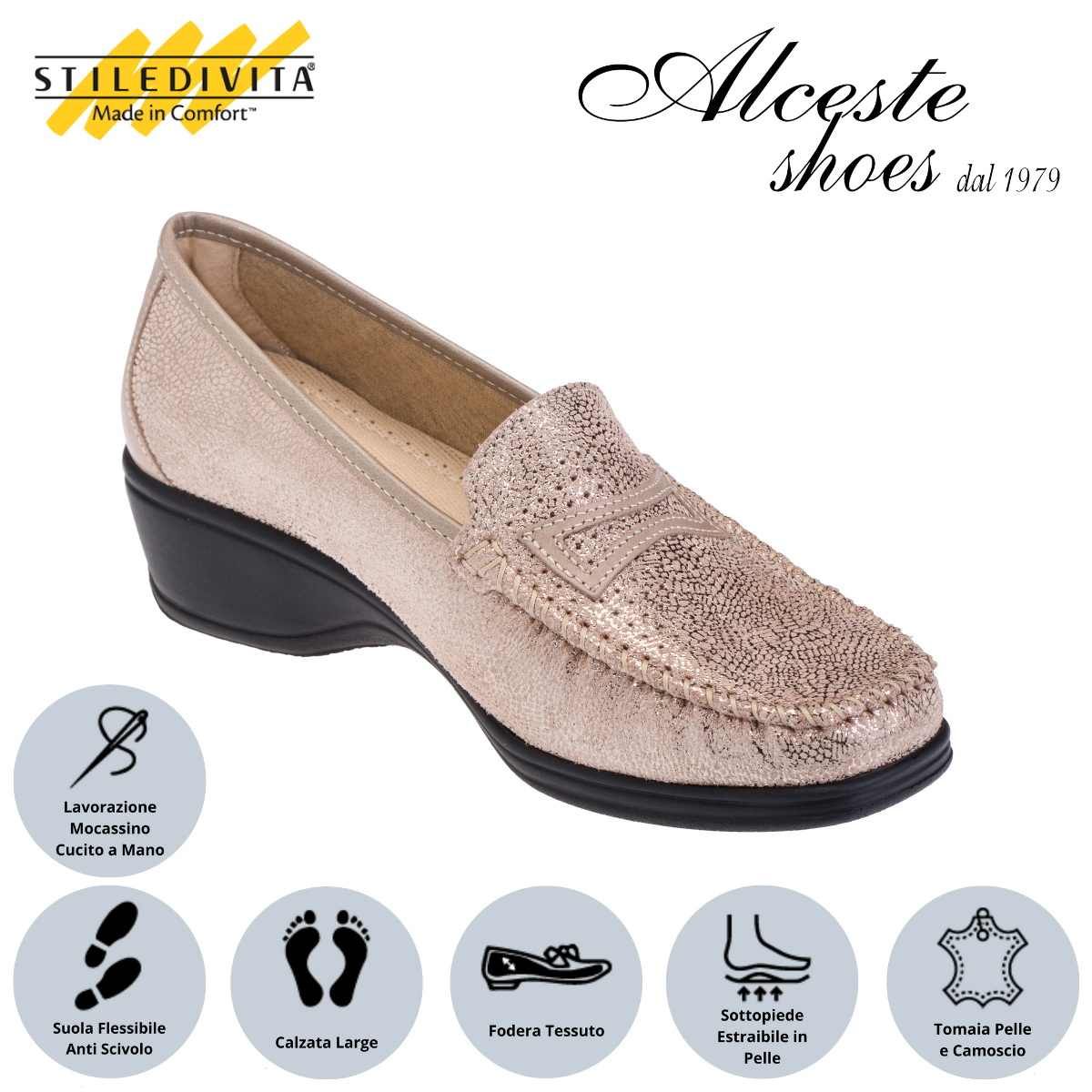Mocassino Donna "Stiledivita" Art. 2465 Camoscio Beige Stampa Oro Alceste Shoes 76