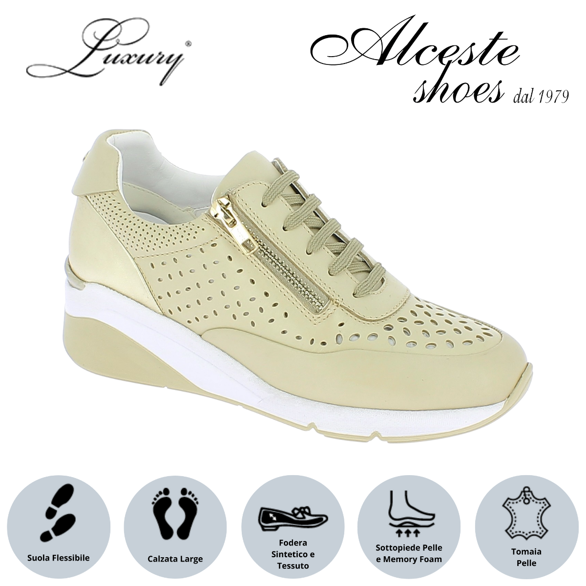 Sneakers Traforata Donna Lacci e Cerniera "Luxury" Art. 0122 in Pelle Beige Alceste Shoes 1 3