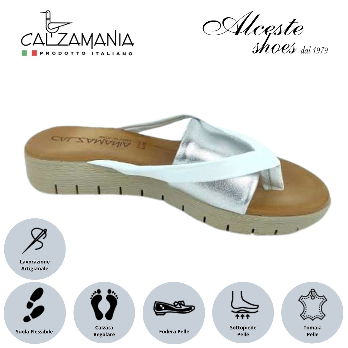 Infradito con Zeppa "Calzamania" Art. 22294 Pelle Argento e Bianco Alceste Shoes 12 1