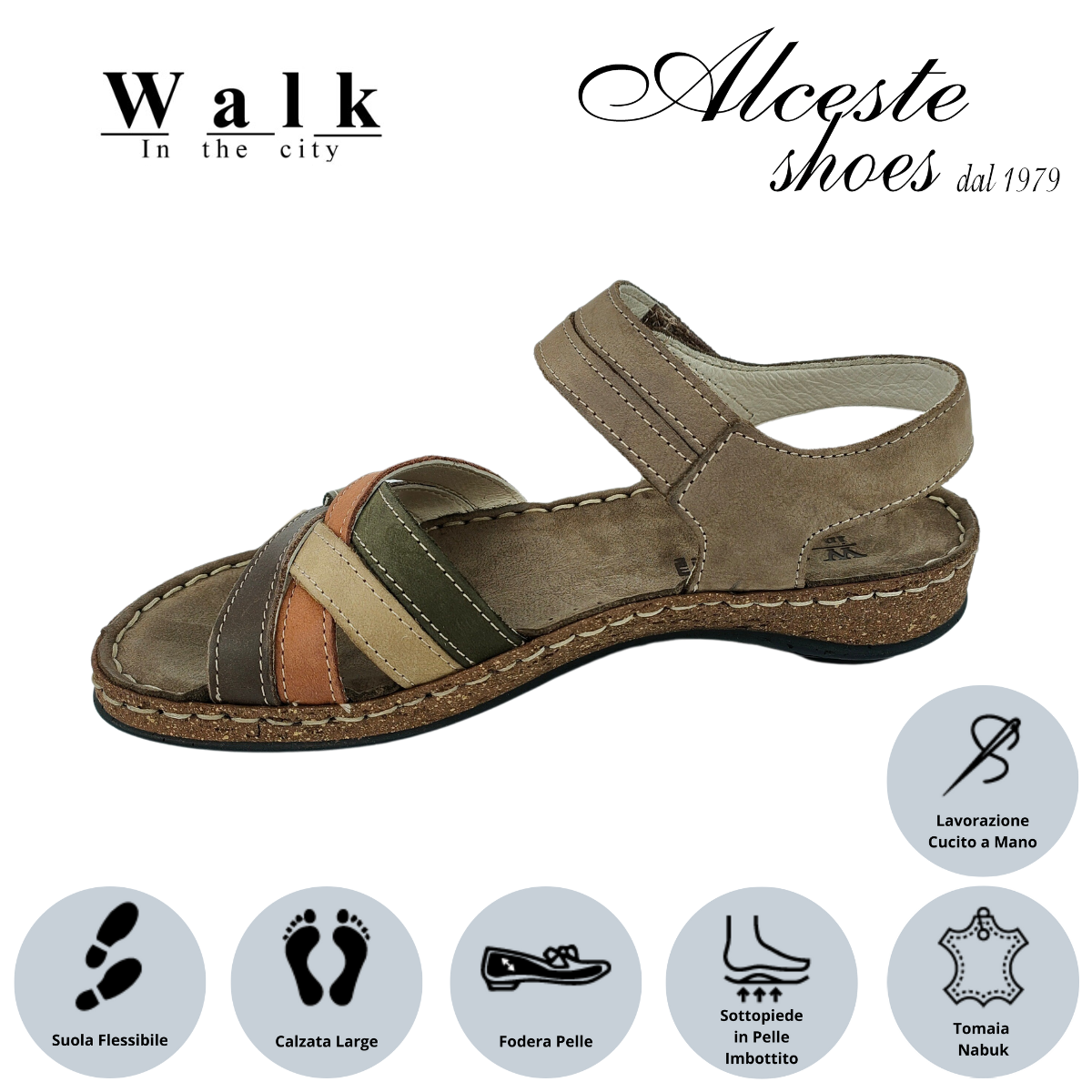 Sandalo Donna Cinturino con Velcro "Walk in The City" Art. 43170 Nabuk Fango e Testa di Moro Alceste Shoes 15