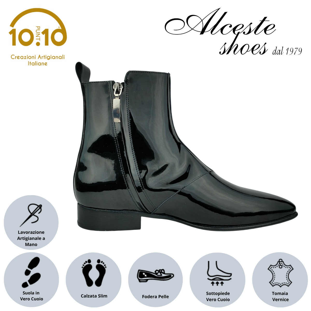 Stivaletto Uomo "10punto10" per "Maykel Fonts" con Suola in Cuoio e Tomaia in Vernice Nero Alceste Shoes 2 8