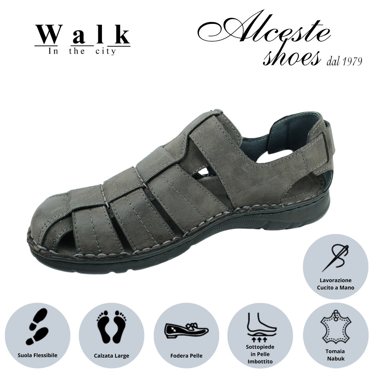 Sandalo Uomo Chiusura con Velcro "Walk in The City" Art. 20910 Nabuk Piombo Alceste Shoes 25
